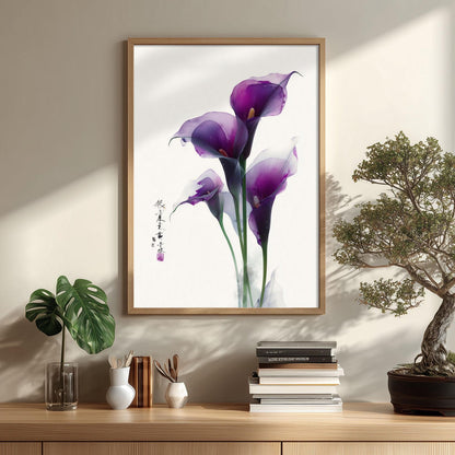 Purple Calla Lily Poster Print, Chinese Botanical Style, Floral Wall Art