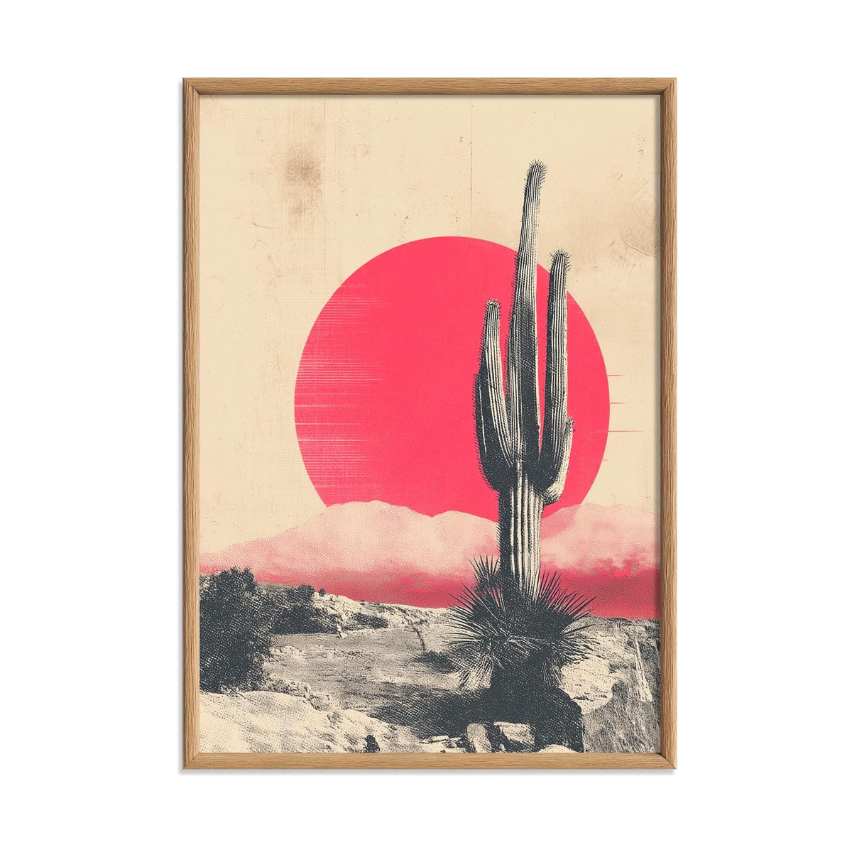 Cactus Desert Poster, Pink Sun Landscape, Vintage Western Wall Art