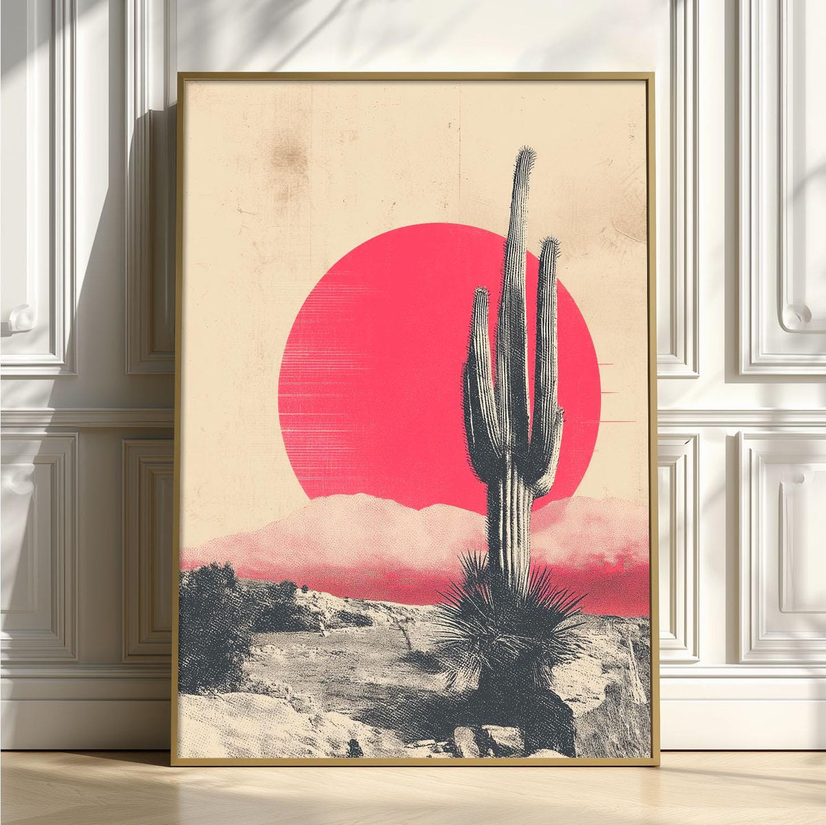 Cactus Desert Poster, Pink Sun Landscape, Vintage Western Wall Art