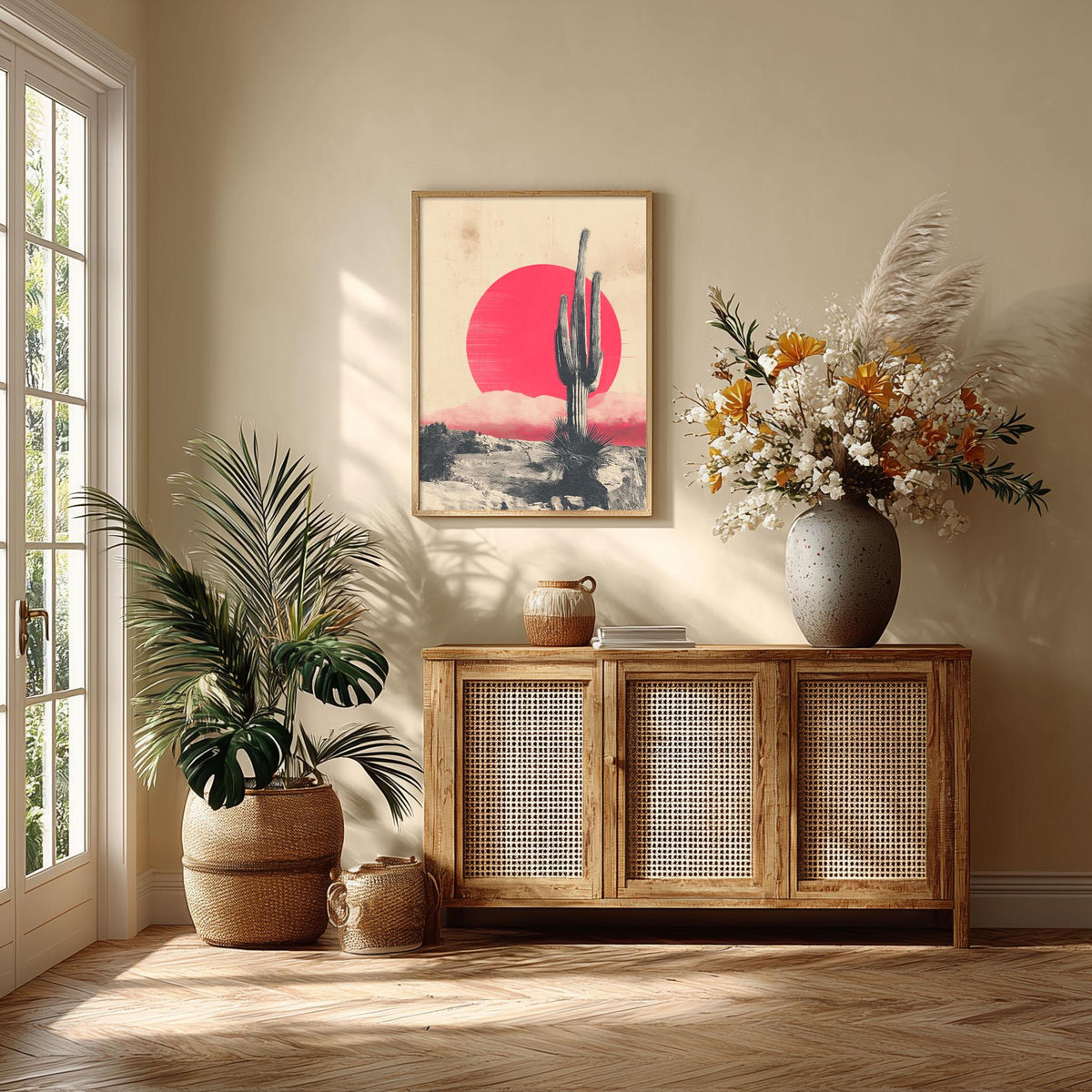 Cactus Desert Poster, Pink Sun Landscape, Vintage Western Wall Art