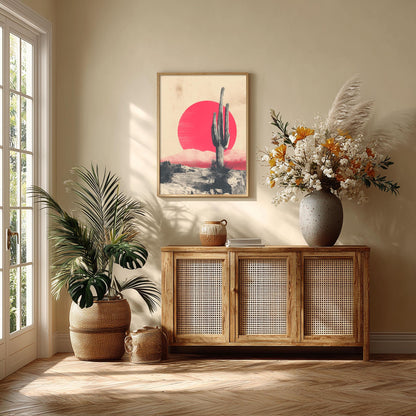 Cactus Desert Poster, Pink Sun Landscape, Vintage Western Wall Art
