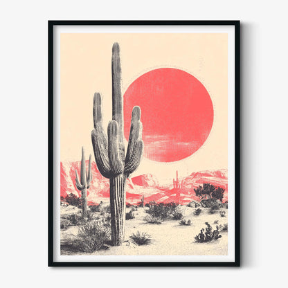 Saguaro Cactus Art Print, Pink Sun Desert, Vintage Western Wall Art