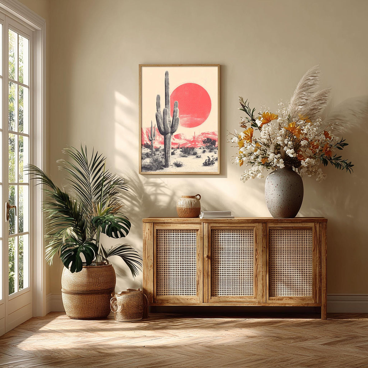 Saguaro Cactus Art Print, Pink Sun Desert, Vintage Western Wall Art