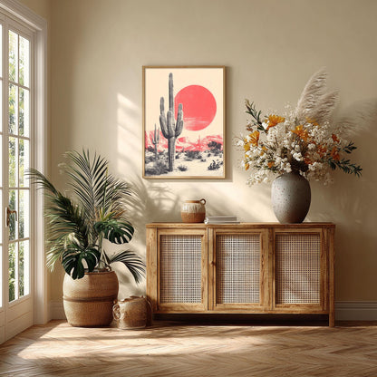 Saguaro Cactus Art Print, Pink Sun Desert, Vintage Western Wall Art