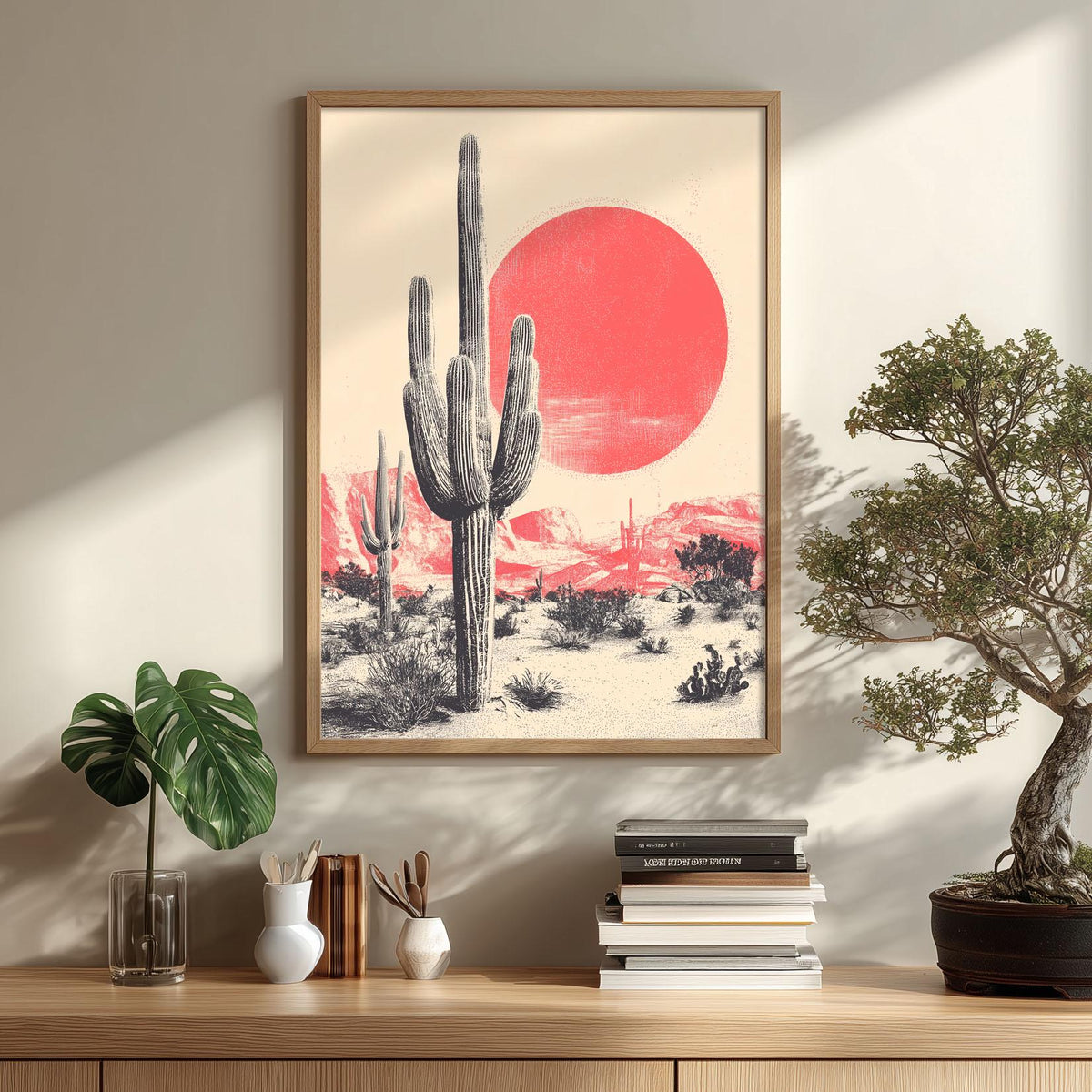 Saguaro Cactus Art Print, Pink Sun Desert, Vintage Western Wall Art