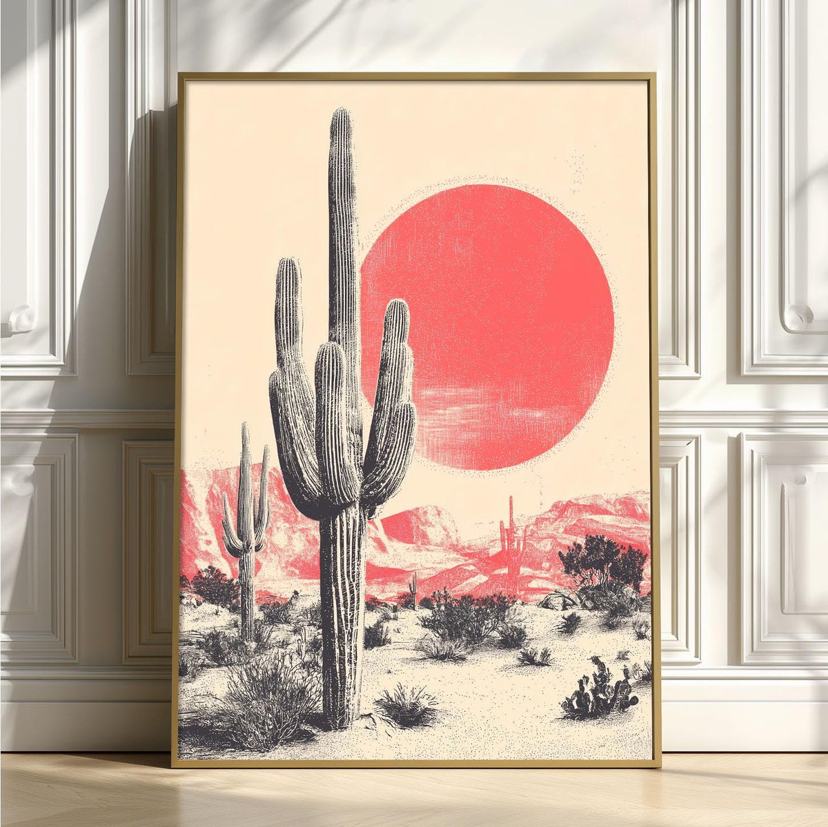 Saguaro Cactus Art Print, Pink Sun Desert, Vintage Western Wall Art