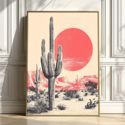 Saguaro Cactus Art Print, Pink Sun Desert, Vintage Western Wall Art