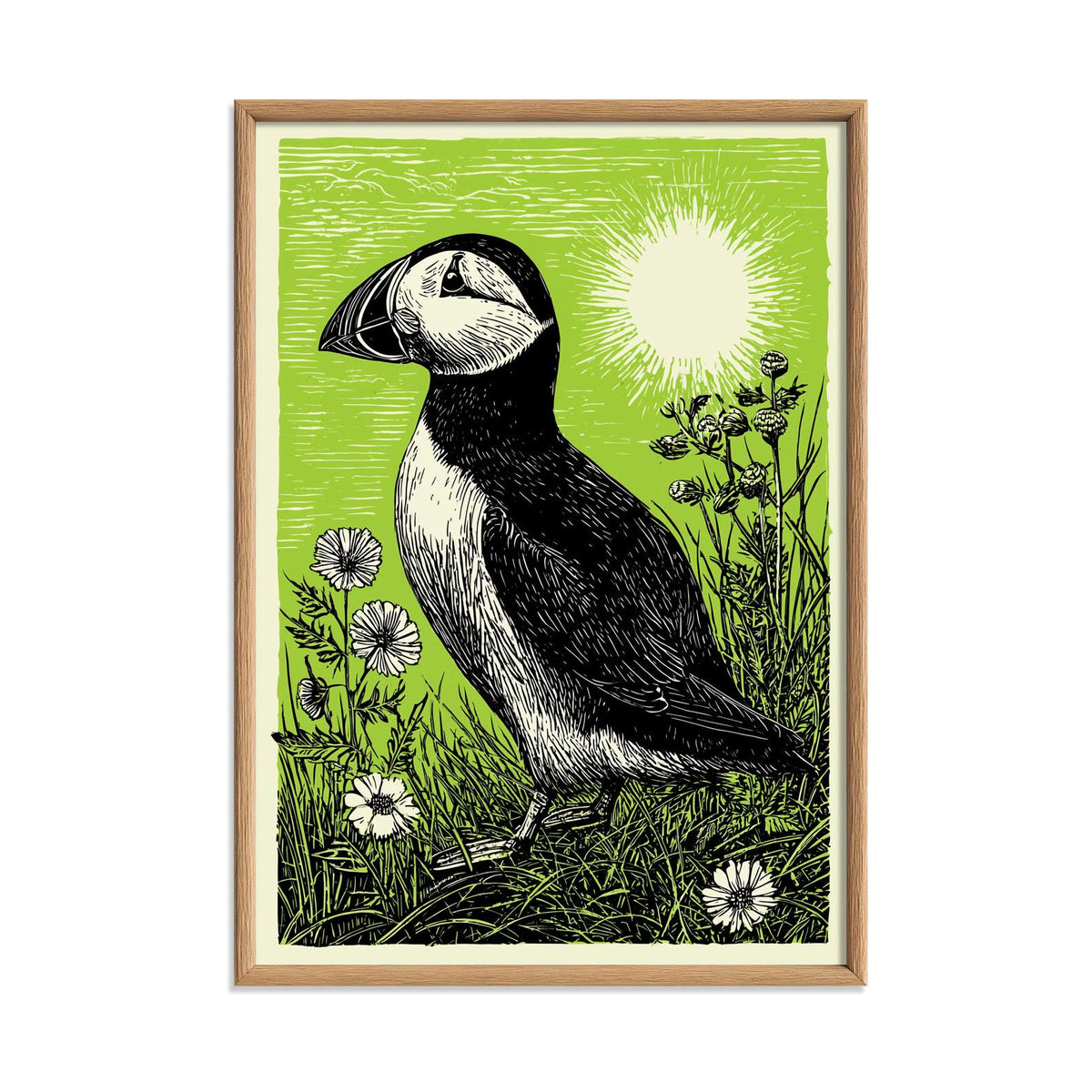 Puffin Linocut Print, Green Wildlife Illustration, Coastal Bird Wall Art
