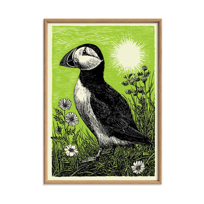 Puffin Linocut Print, Green Wildlife Illustration, Coastal Bird Wall Art