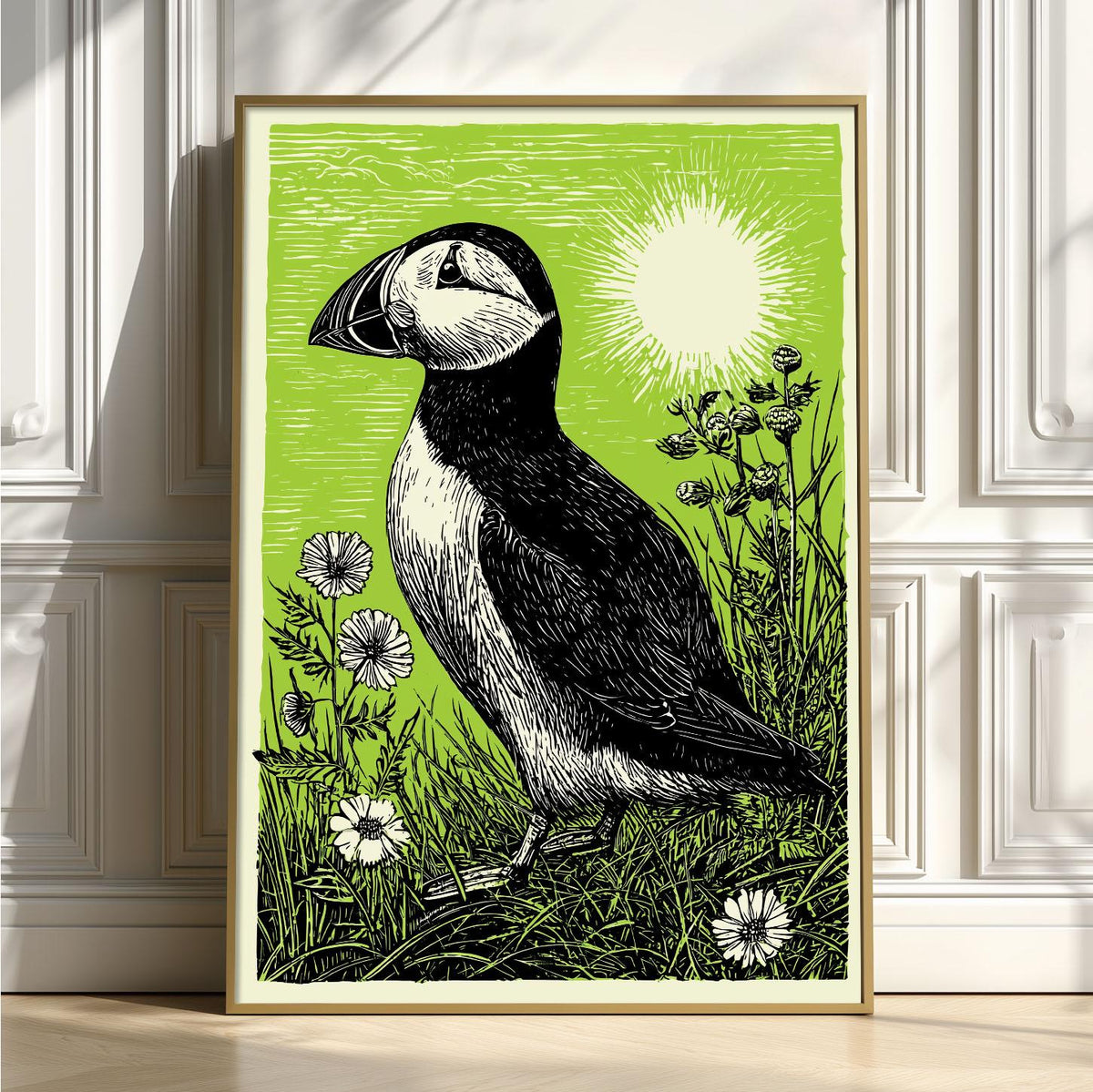 Puffin Linocut Print, Green Wildlife Illustration, Coastal Bird Wall Art