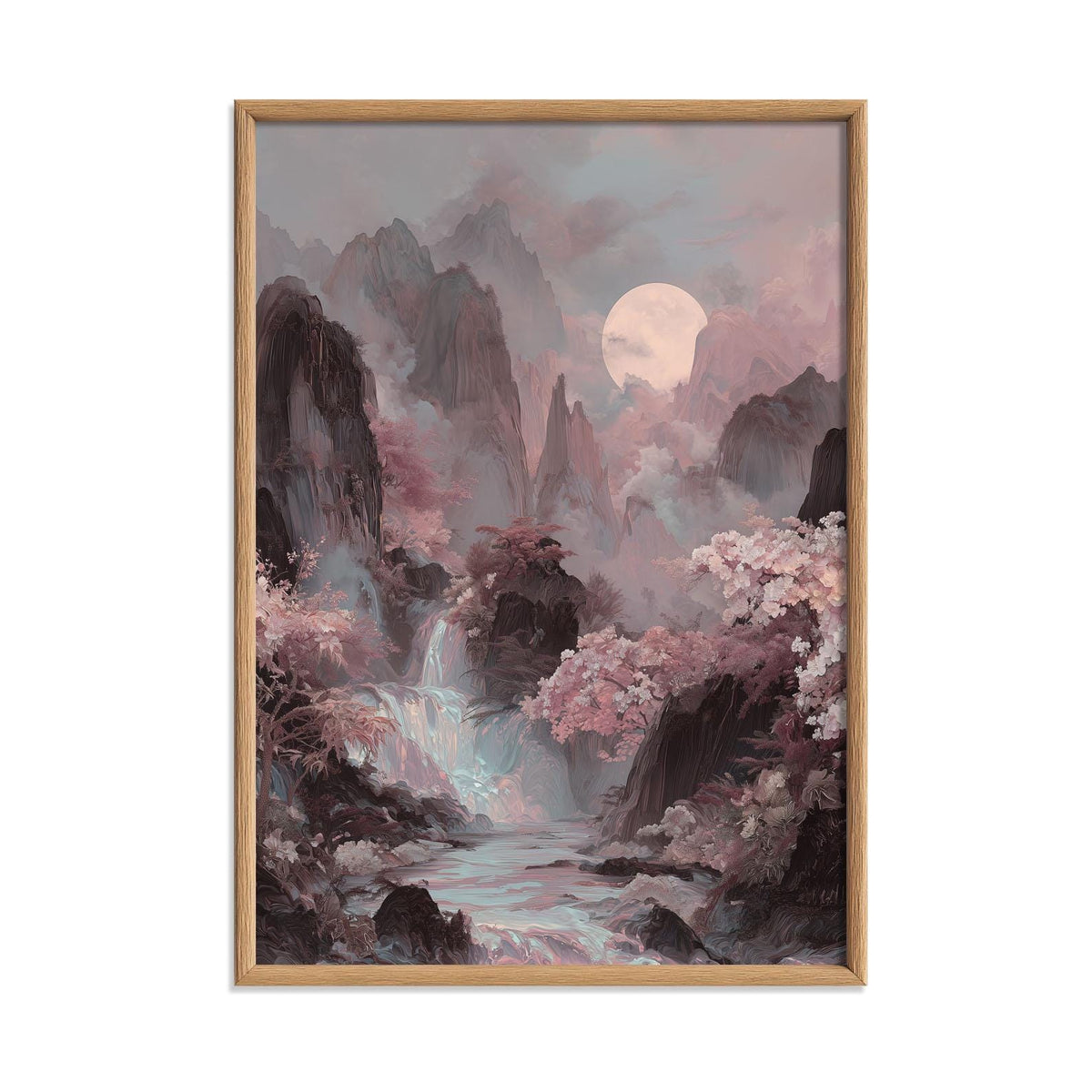 Iridescent Landscape Poster, Korean Mountain Scene, Moon Waterfall Wall Art