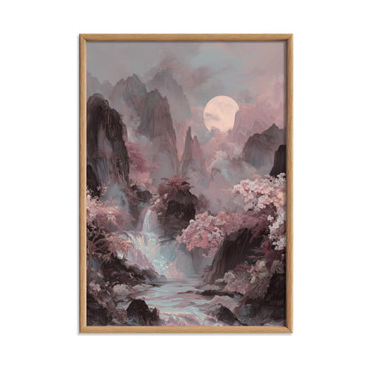 Iridescent Landscape Poster, Korean Mountain Scene, Moon Waterfall Wall Art