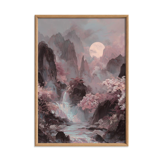 Iridescent Landscape Poster, Korean Mountain Scene, Moon Waterfall Wall Art