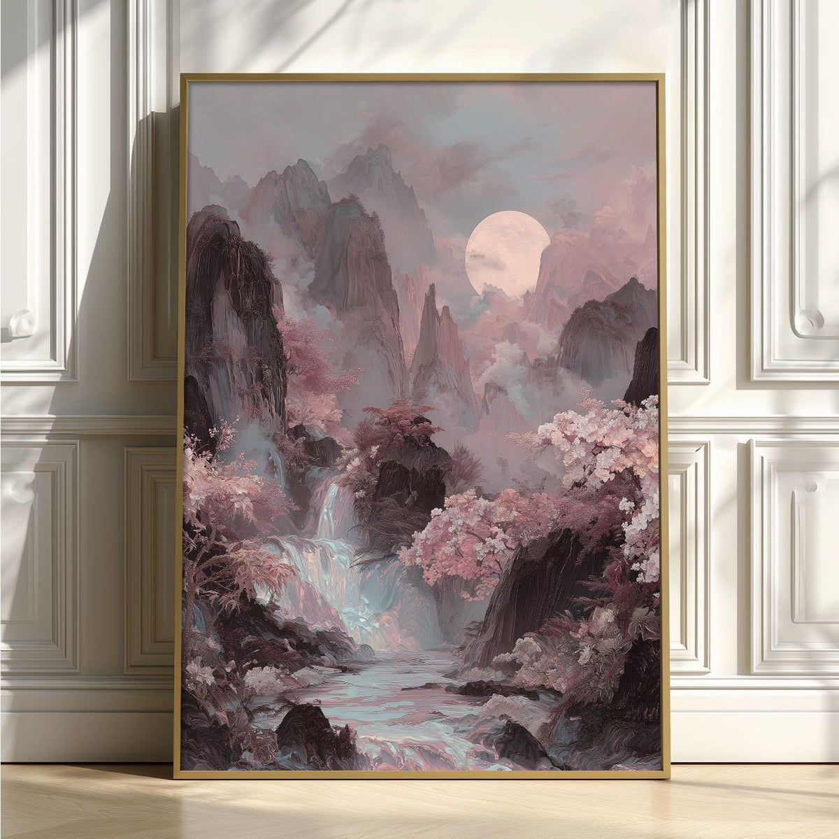Iridescent Landscape Poster, Korean Mountain Scene, Moon Waterfall Wall Art