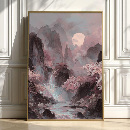 Iridescent Landscape Poster, Korean Mountain Scene, Moon Waterfall Wall Art