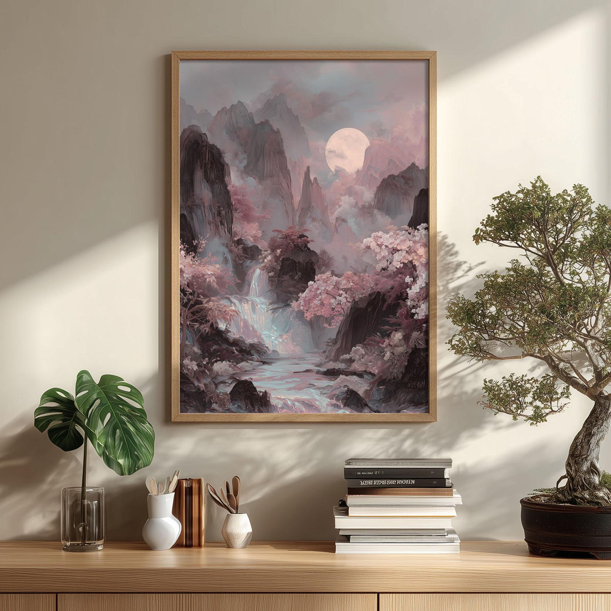Iridescent Landscape Poster, Korean Mountain Scene, Moon Waterfall Wall Art