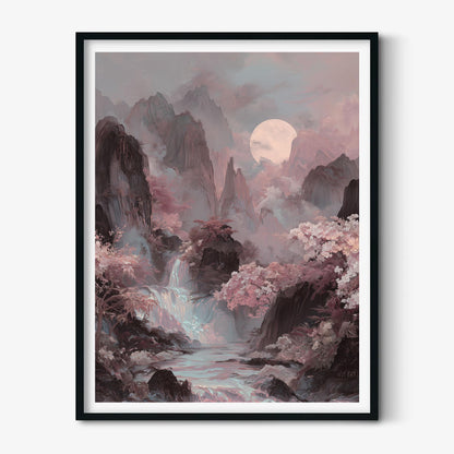 Iridescent Landscape Poster, Korean Mountain Scene, Moon Waterfall Wall Art