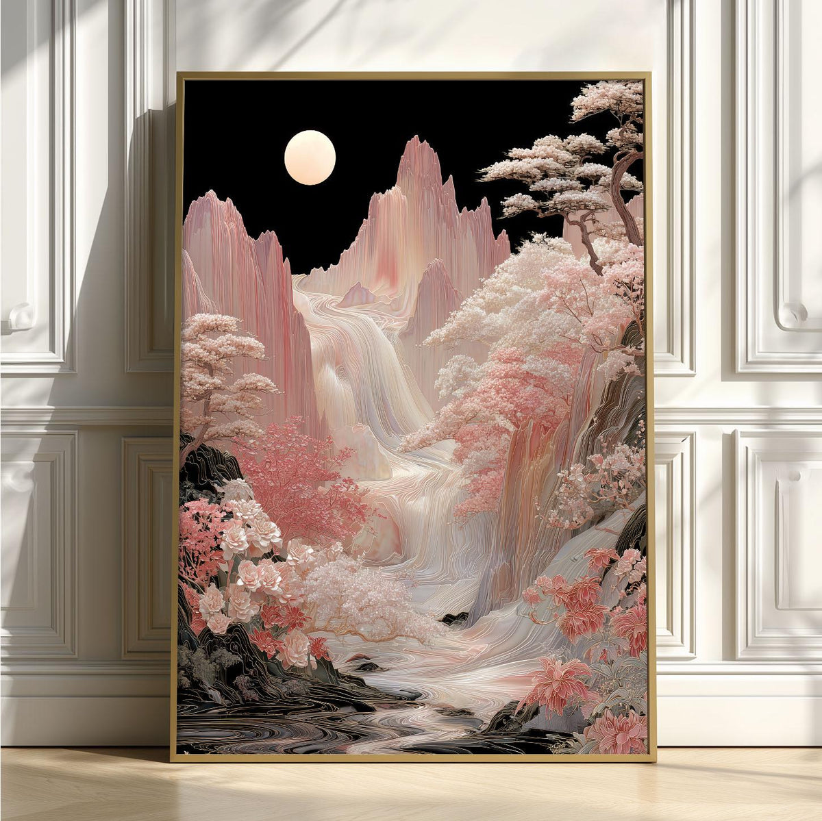 Mountain Print, Korean Waterfall Landscape, Moon Floral Decor