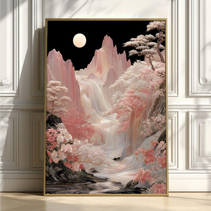 Mountain Print, Korean Waterfall Landscape, Moon Floral Decor