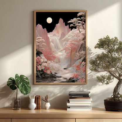 Mountain Print, Korean Waterfall Landscape, Moon Floral Decor