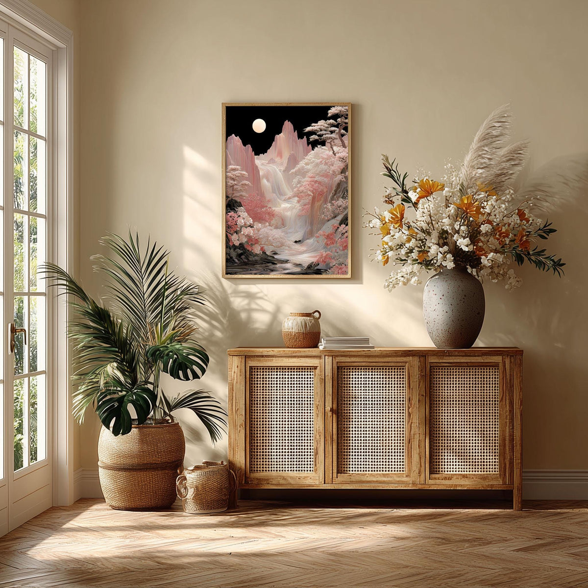 Mountain Print, Korean Waterfall Landscape, Moon Floral Decor