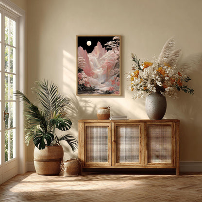 Mountain Print, Korean Waterfall Landscape, Moon Floral Decor