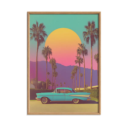 Palm Springs Poster Print, Retro Car Sunset, Vintage Travel Wall Art
