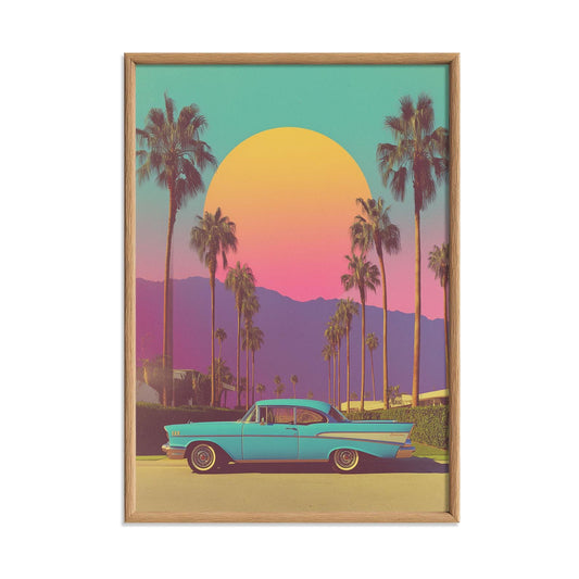 Palm Springs Poster Print, Retro Car Sunset, Vintage Travel Wall Art