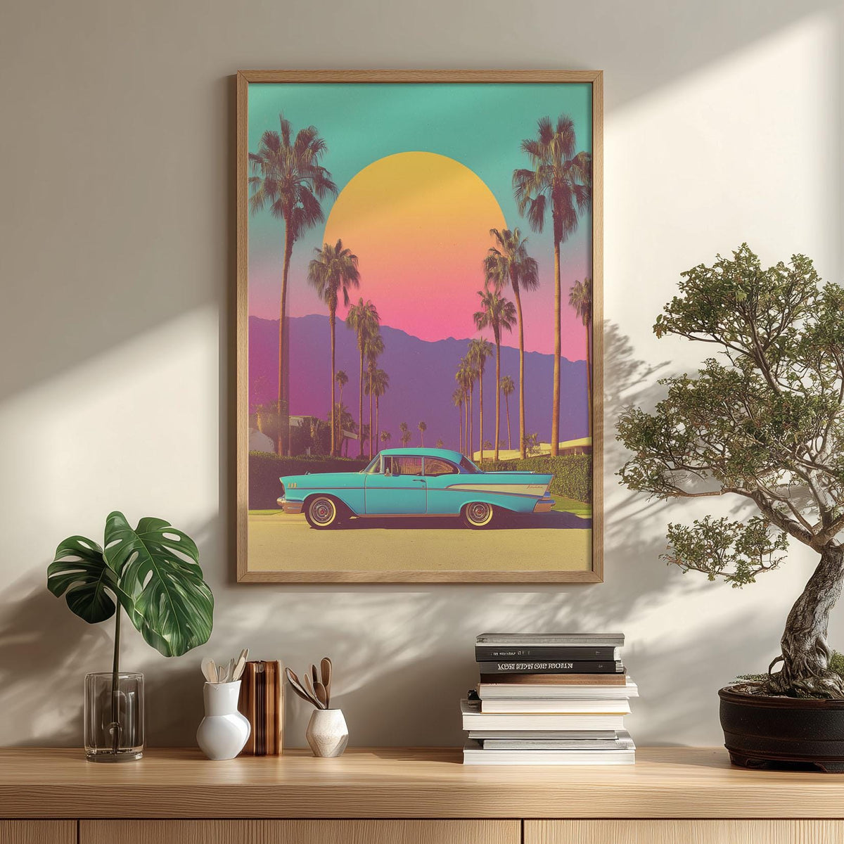 Palm Springs Poster Print, Retro Car Sunset, Vintage Travel Wall Art