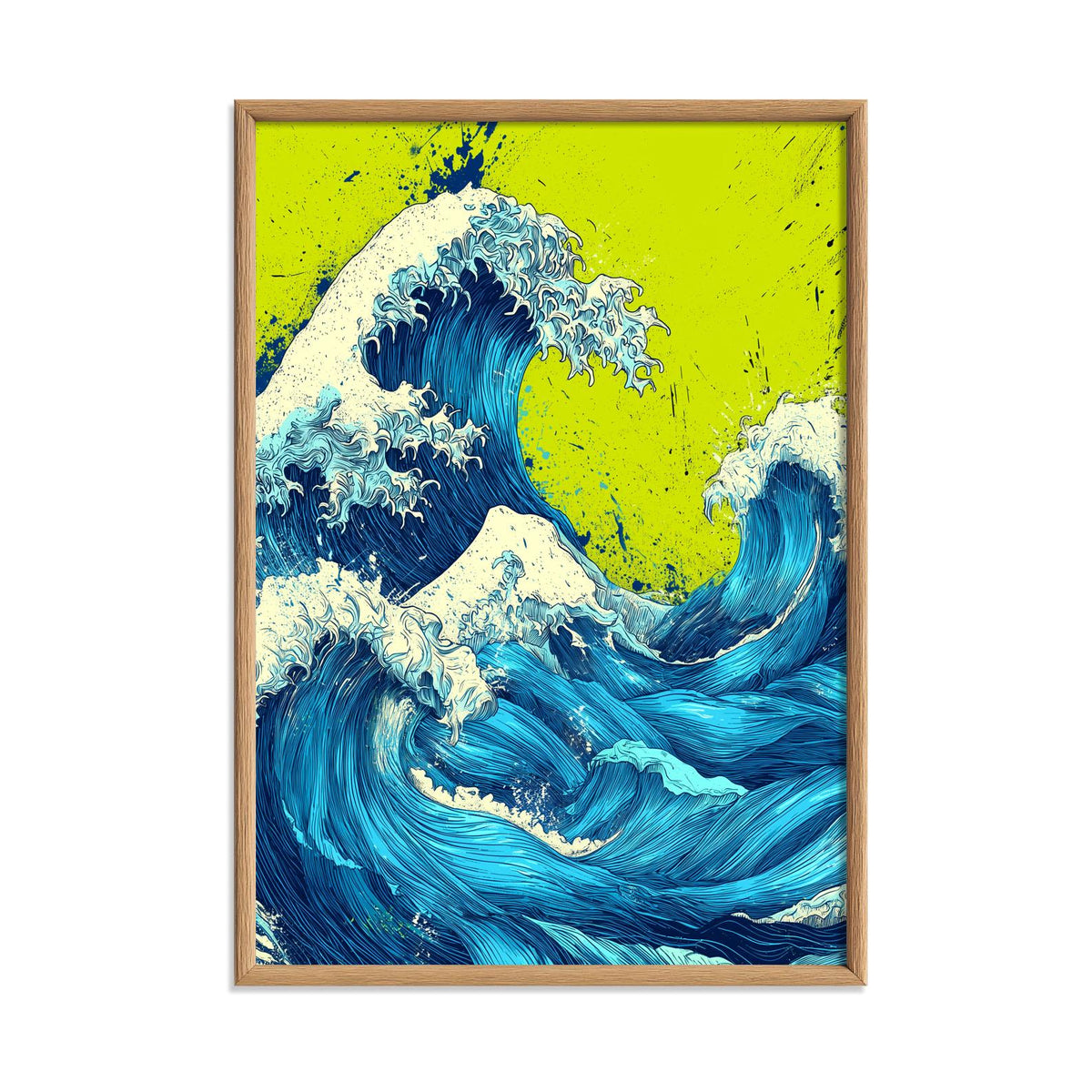 Blue Wave Wall Art, Japanese Pop Art Style, Lime Green Ocean Print