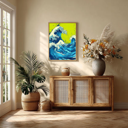 Blue Wave Wall Art, Japanese Pop Art Style, Lime Green Ocean Print