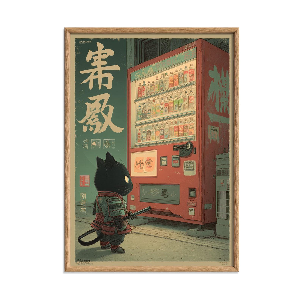 Samurai Cat Poster, Japanese Vending Machine, Anime Wall Art