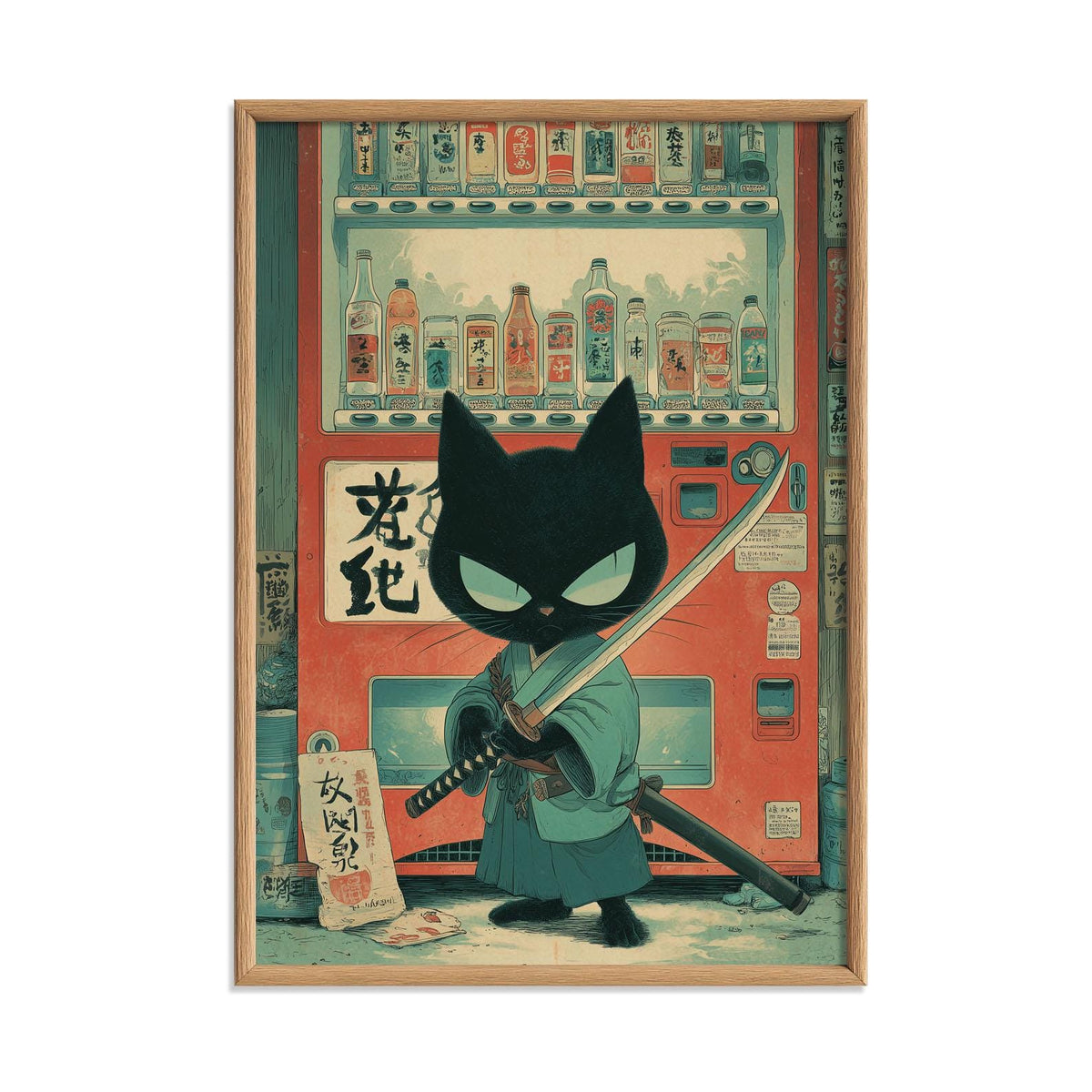 Samurai Cat Print, Japanese Vending Machine, Kawaii Anime Wall Art