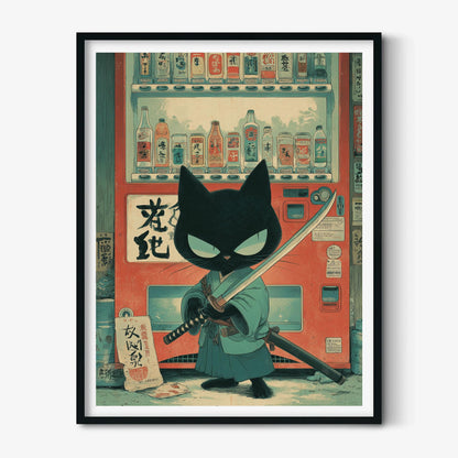 Samurai Cat Print, Japanese Vending Machine, Kawaii Anime Wall Art