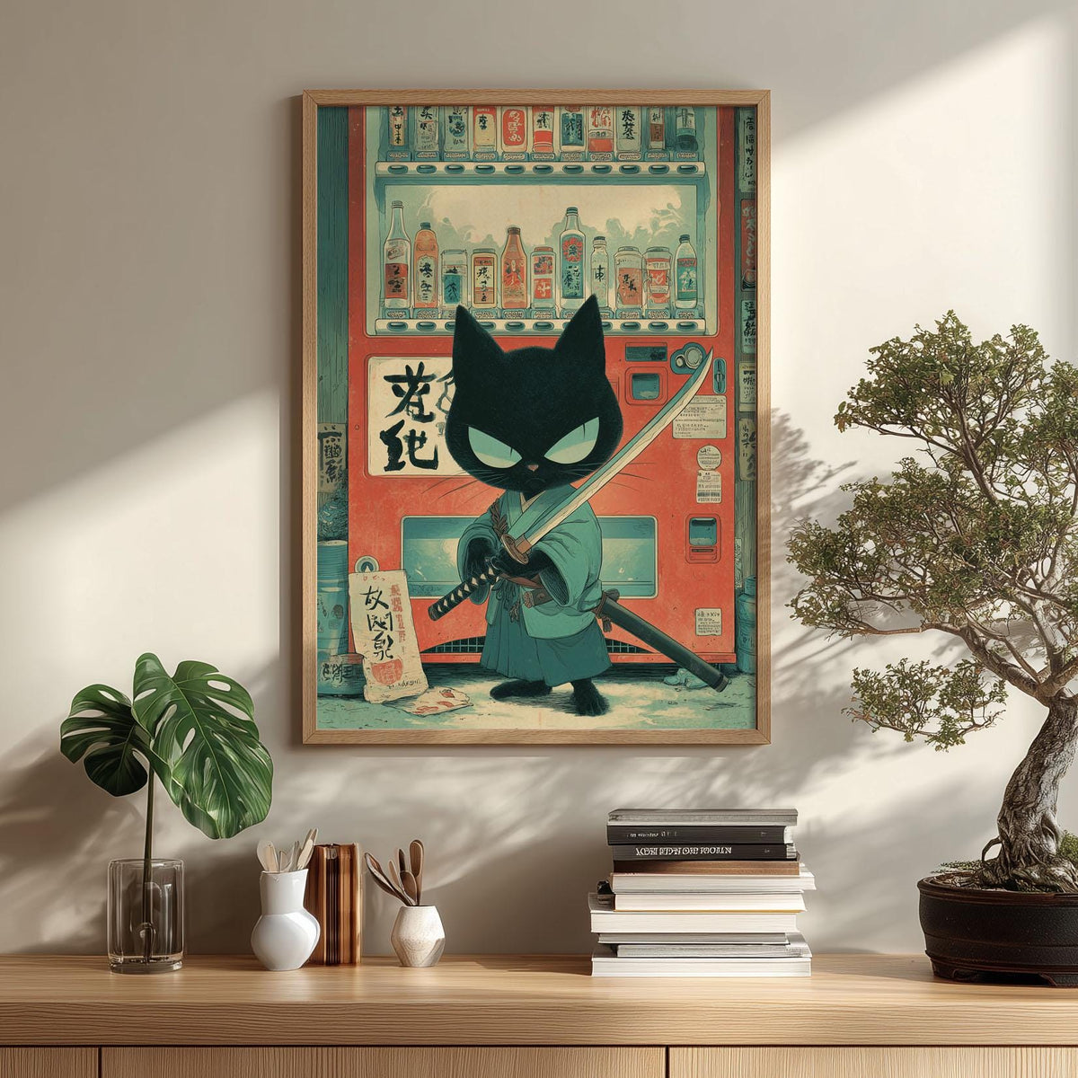 Samurai Cat Print, Japanese Vending Machine, Kawaii Anime Wall Art