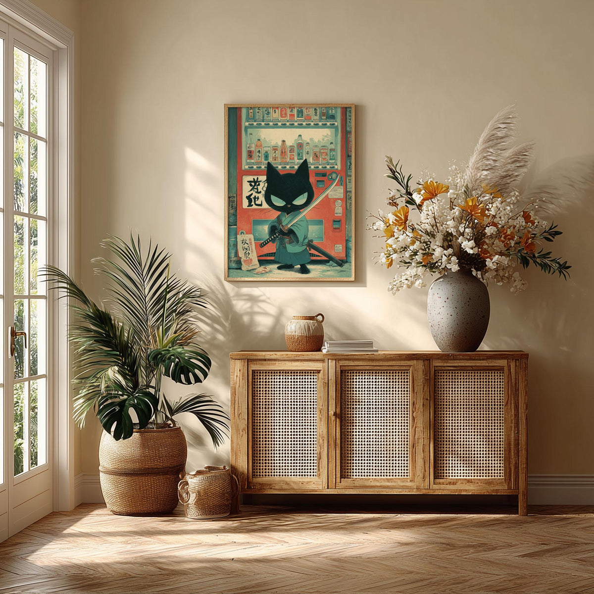 Samurai Cat Print, Japanese Vending Machine, Kawaii Anime Wall Art
