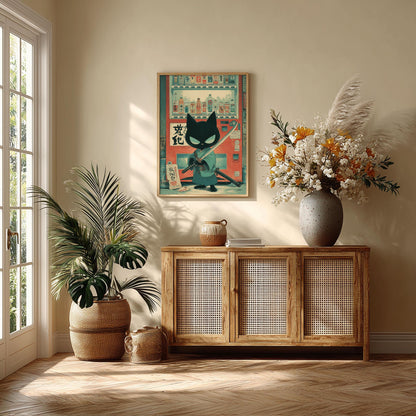 Samurai Cat Print, Japanese Vending Machine, Kawaii Anime Wall Art