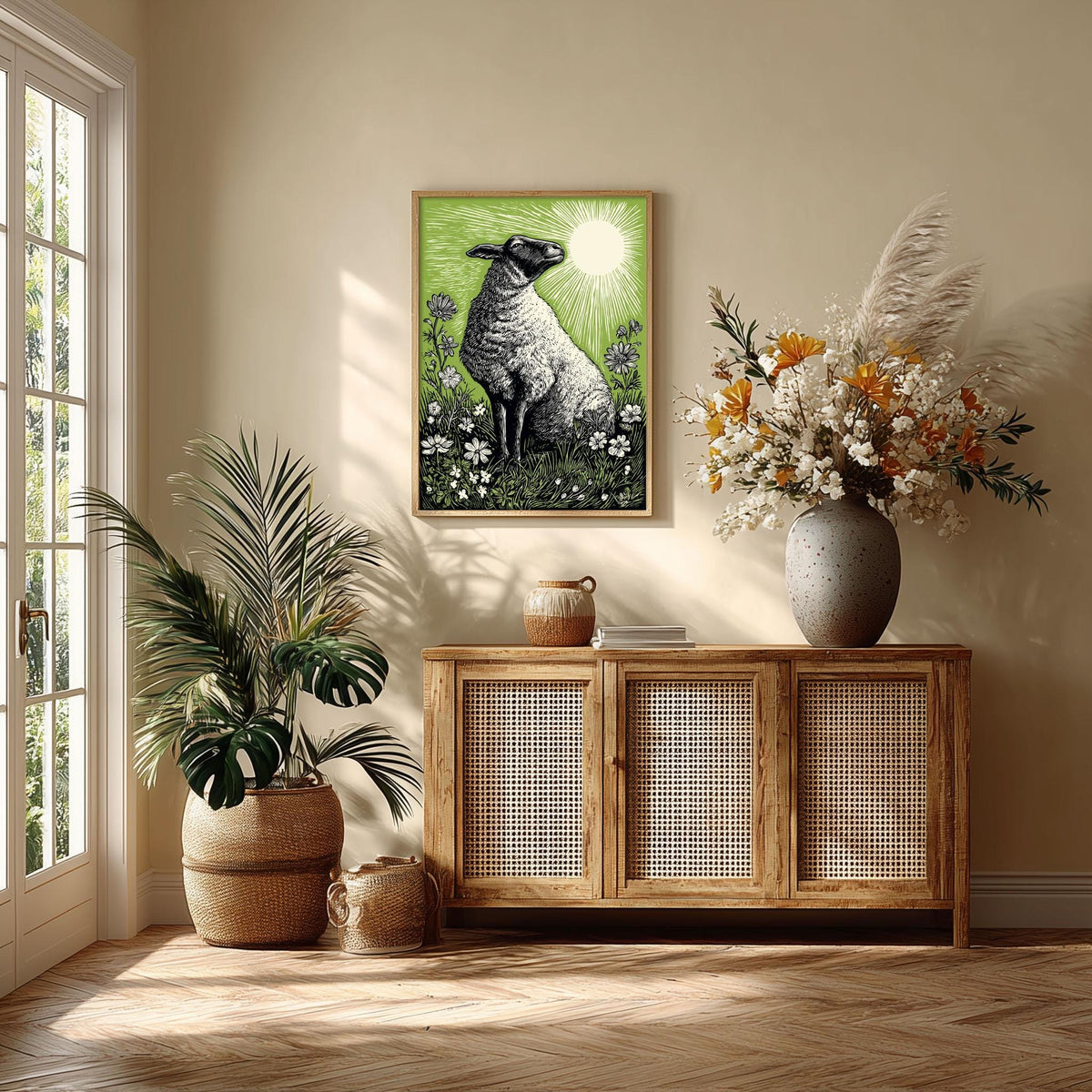 Sheep Linocut Print, Green Farm Animal Poster, Countryside Wall Decor