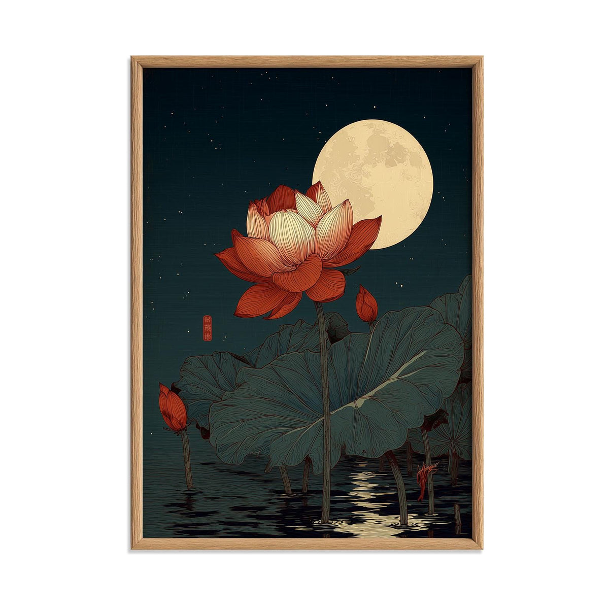 Red Lotus Print, Moonlit Pond Poster, Japanese Floral Decor