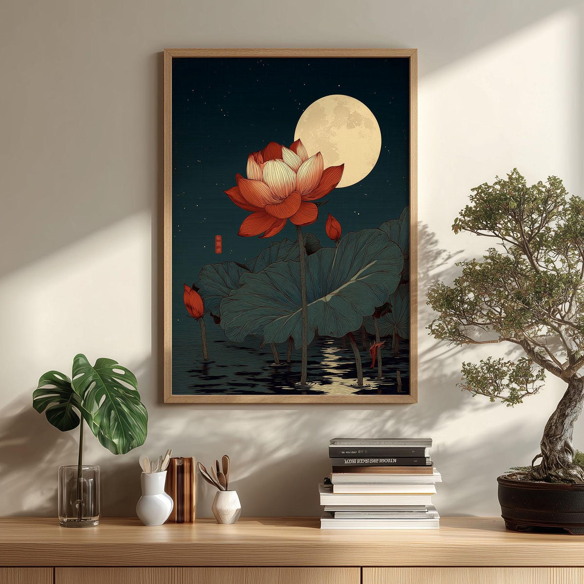 Red Lotus Print, Moonlit Pond Poster, Japanese Floral Decor