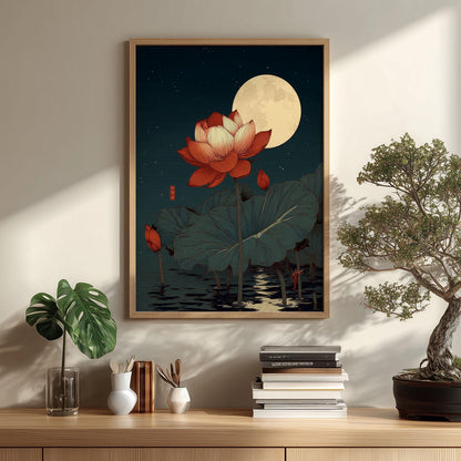 Red Lotus Print, Moonlit Pond Poster, Japanese Floral Decor