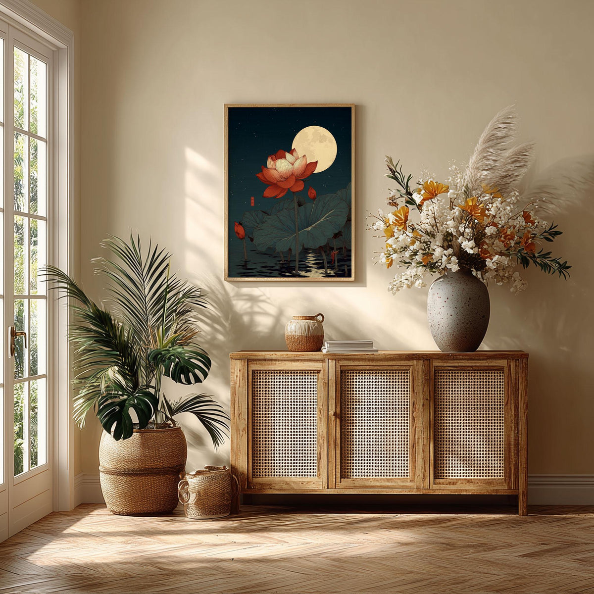 Red Lotus Print, Moonlit Pond Poster, Japanese Floral Decor