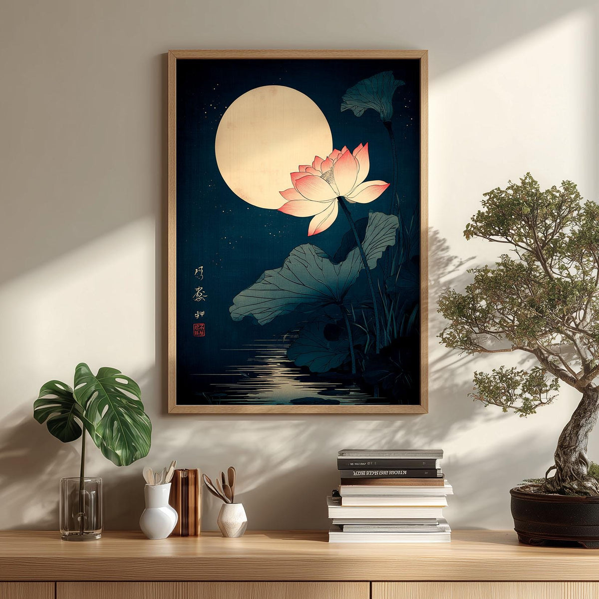 Lotus Flower Print, Japanese Moonlit Pond Poster, Dark Teal Wall Art