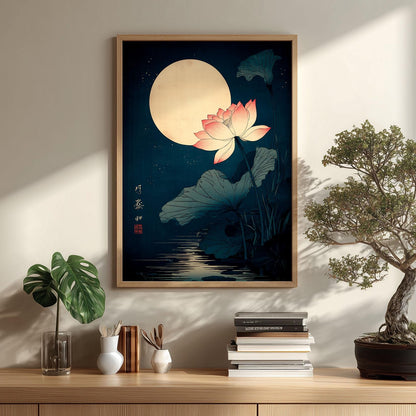 Lotus Flower Print, Japanese Moonlit Pond Poster, Dark Teal Wall Art