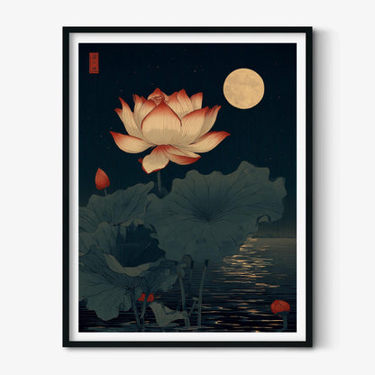 Japanese Lotus Flower Poster, Moonlit Pond Print, Dark Teal Wall Art