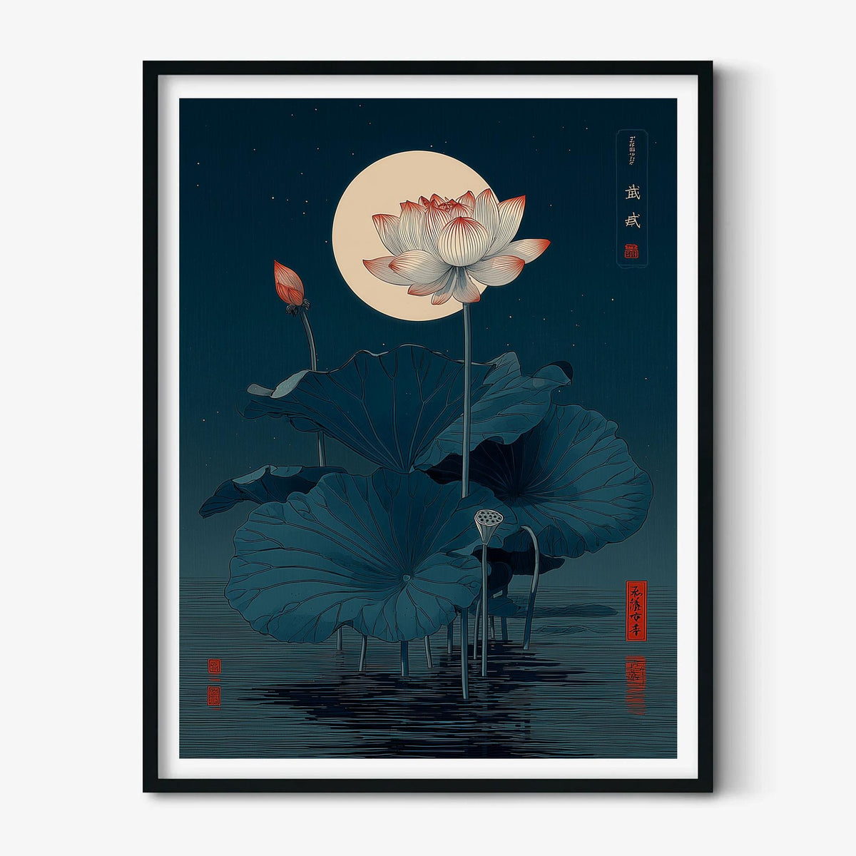 Lotus Flower Print, Japanese Moonlit Pond Poster, Dark Teal Floral Decor