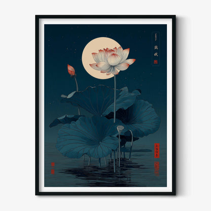 Lotus Flower Print, Japanese Moonlit Pond Poster, Dark Teal Floral Decor