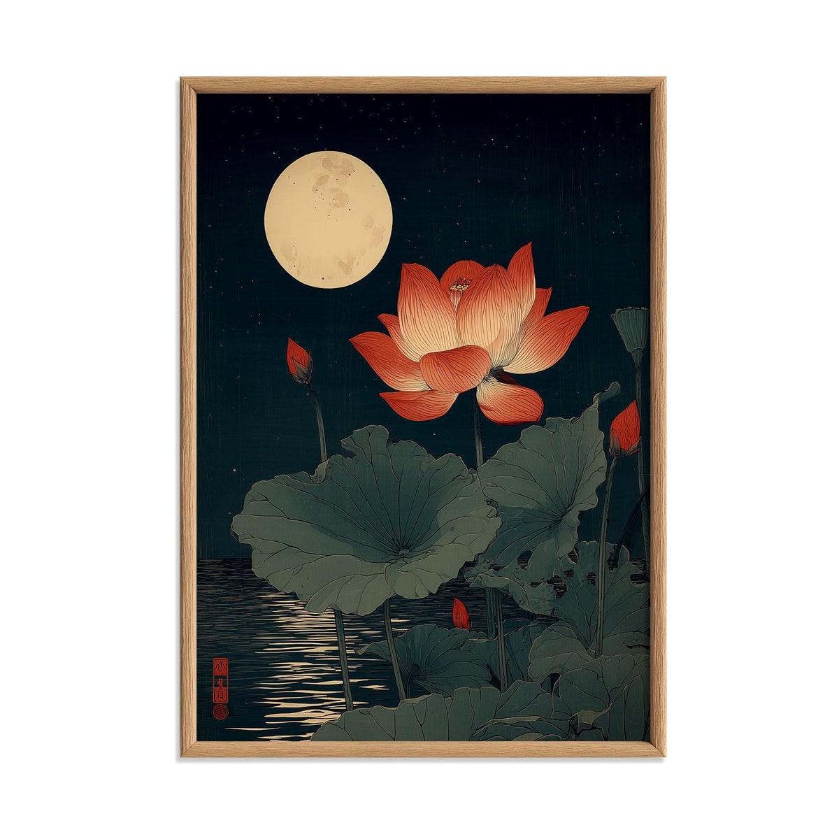 Red Lotus Print, Japanese Moonlit Pond Poster, Dark Teal Floral Wall Art