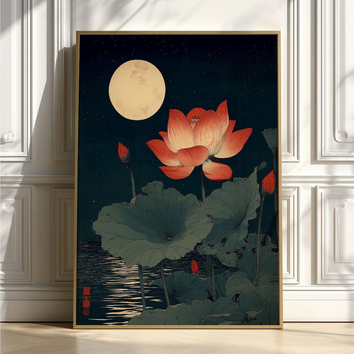 Red Lotus Print, Japanese Moonlit Pond Poster, Dark Teal Floral Wall Art