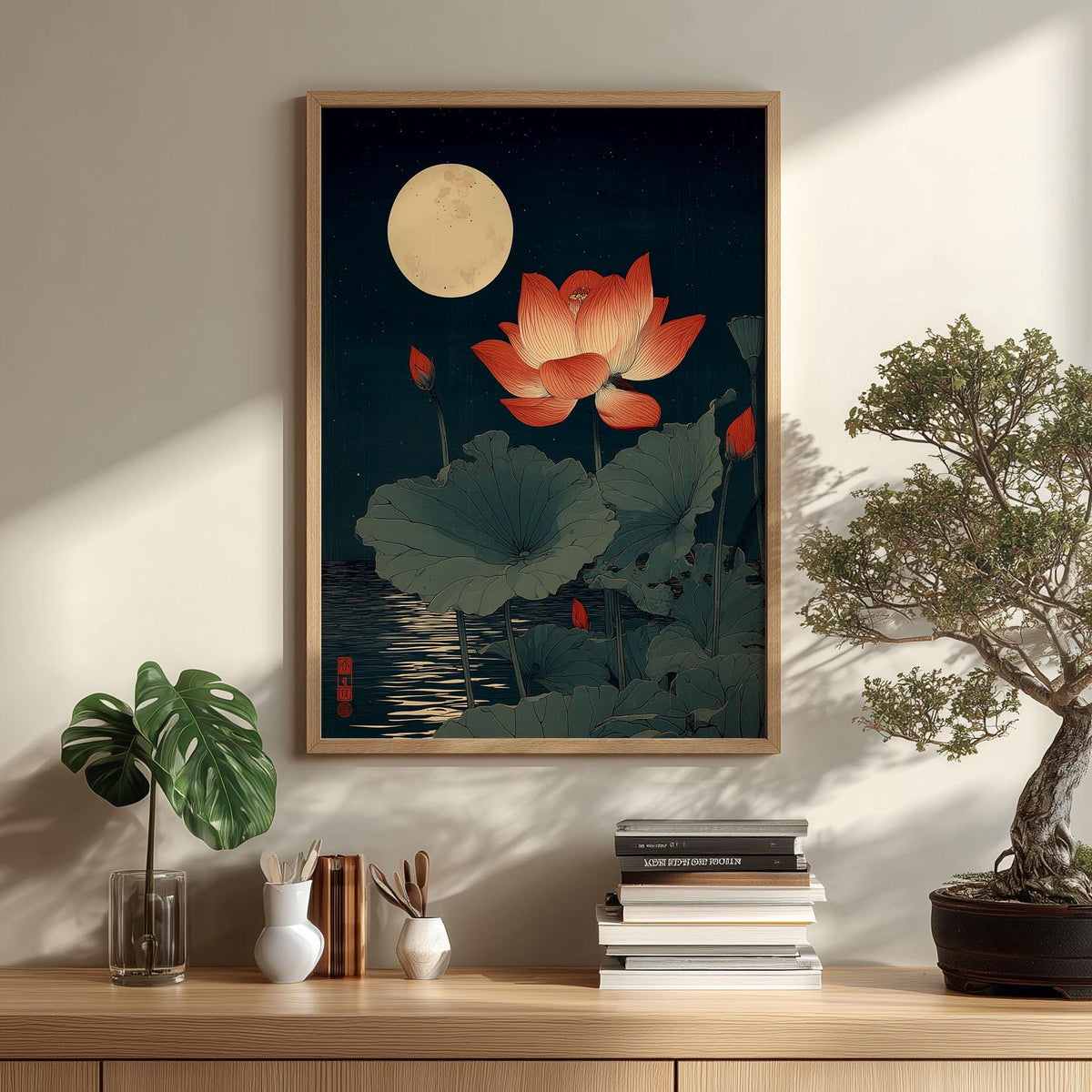 Red Lotus Print, Japanese Moonlit Pond Poster, Dark Teal Floral Wall Art